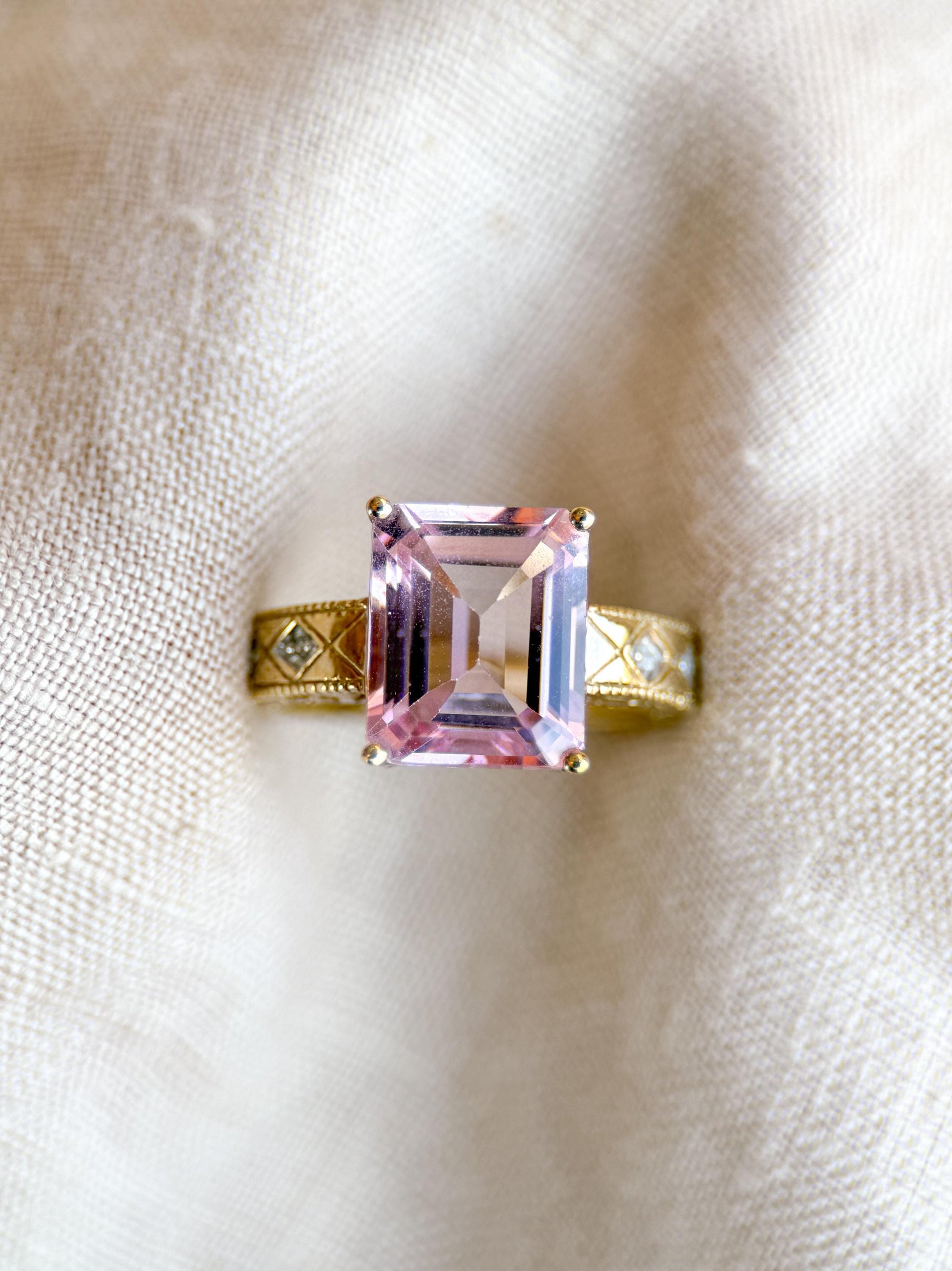 Vintage Pink Tourmaline Engagement Ring, Emerald Cut, 10k Gold, Filigree Alternative Bridal Ring