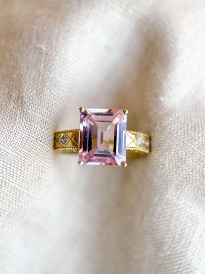 Vintage Pink Tourmaline Engagement Ring, Emerald Cut, 10k Gold, Filigree Alternative Bridal Ring