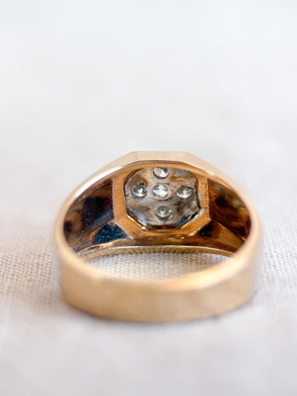 Vintage Diamond Wedding Band, 14k Gold, Mens Signet Cluster Statement Ring, Anniversary Band