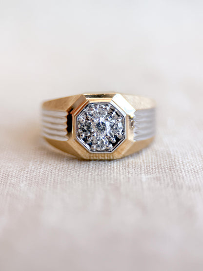 Vintage Diamond Wedding Band, 14k Gold, Mens Signet Cluster Statement Ring, Anniversary Band