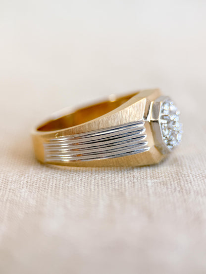 Vintage Diamond Wedding Band, 14k Gold, Mens Signet Cluster Statement Ring, Anniversary Band