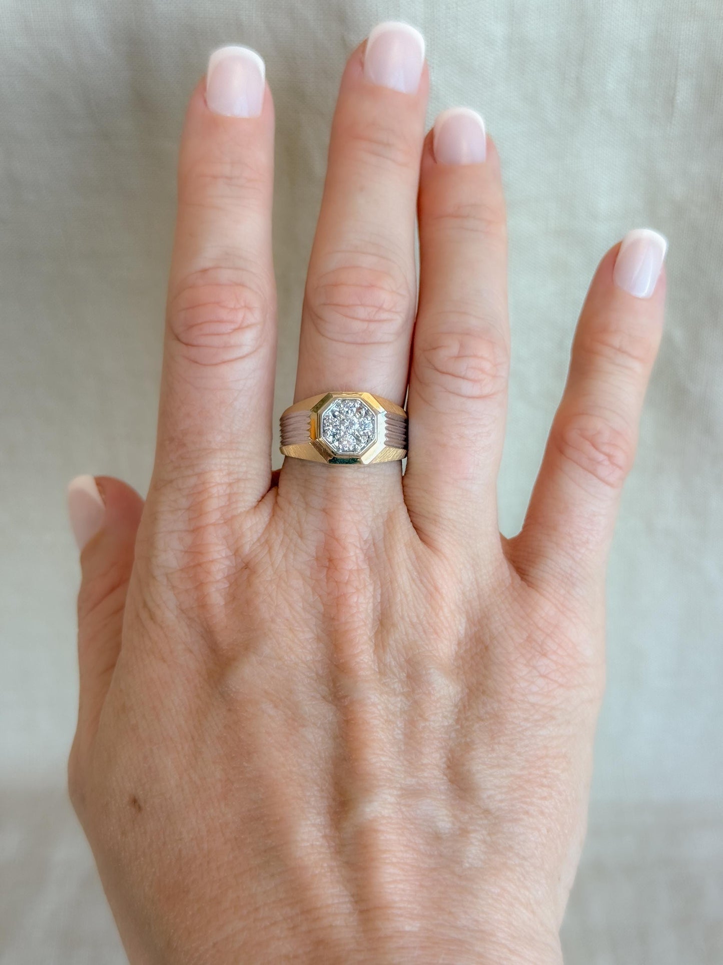 Vintage Diamond Wedding Band, 14k Gold, Mens Signet Cluster Statement Ring, Anniversary Band