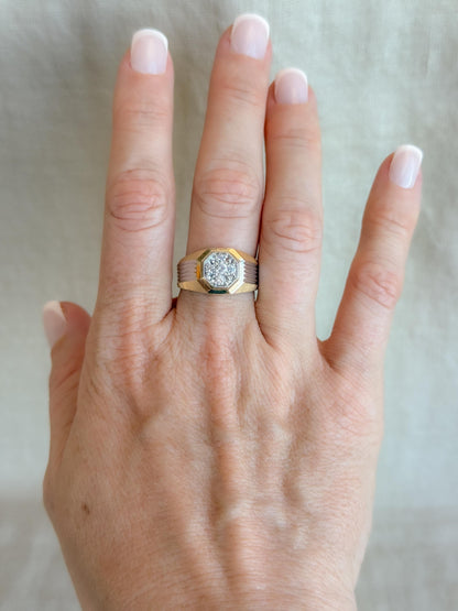 Vintage Diamond Wedding Band, 14k Gold, Mens Signet Cluster Statement Ring, Anniversary Band