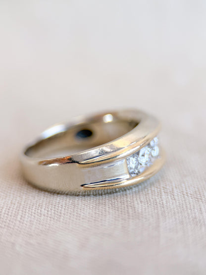 Vintage Diamond Wedding Band, 14k White Gold, Mens Channel Statement Ring, Anniversary Band