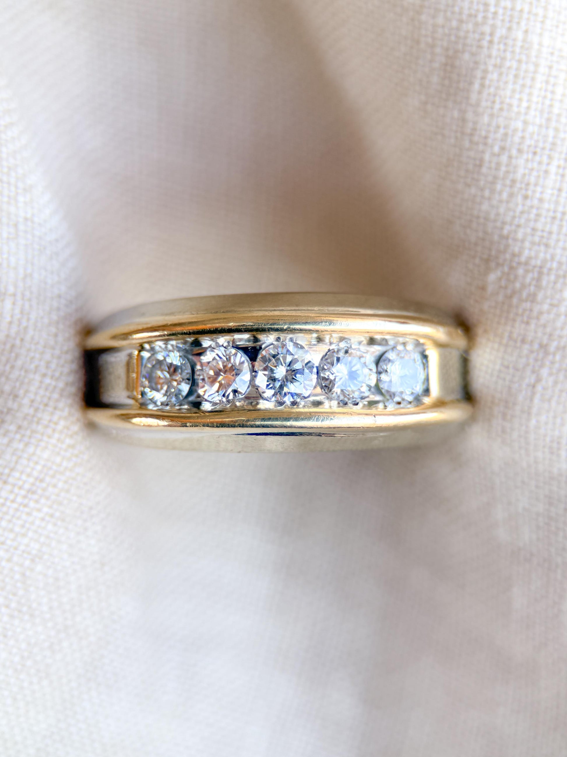 Vintage Diamond Wedding Band, 14k White Gold, Mens Channel Statement Ring, Anniversary Band