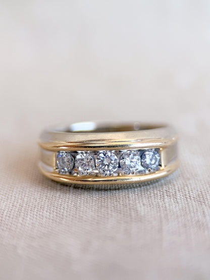 Vintage Diamond Wedding Band, 14k White Gold, Mens Channel Statement Ring, Anniversary Band