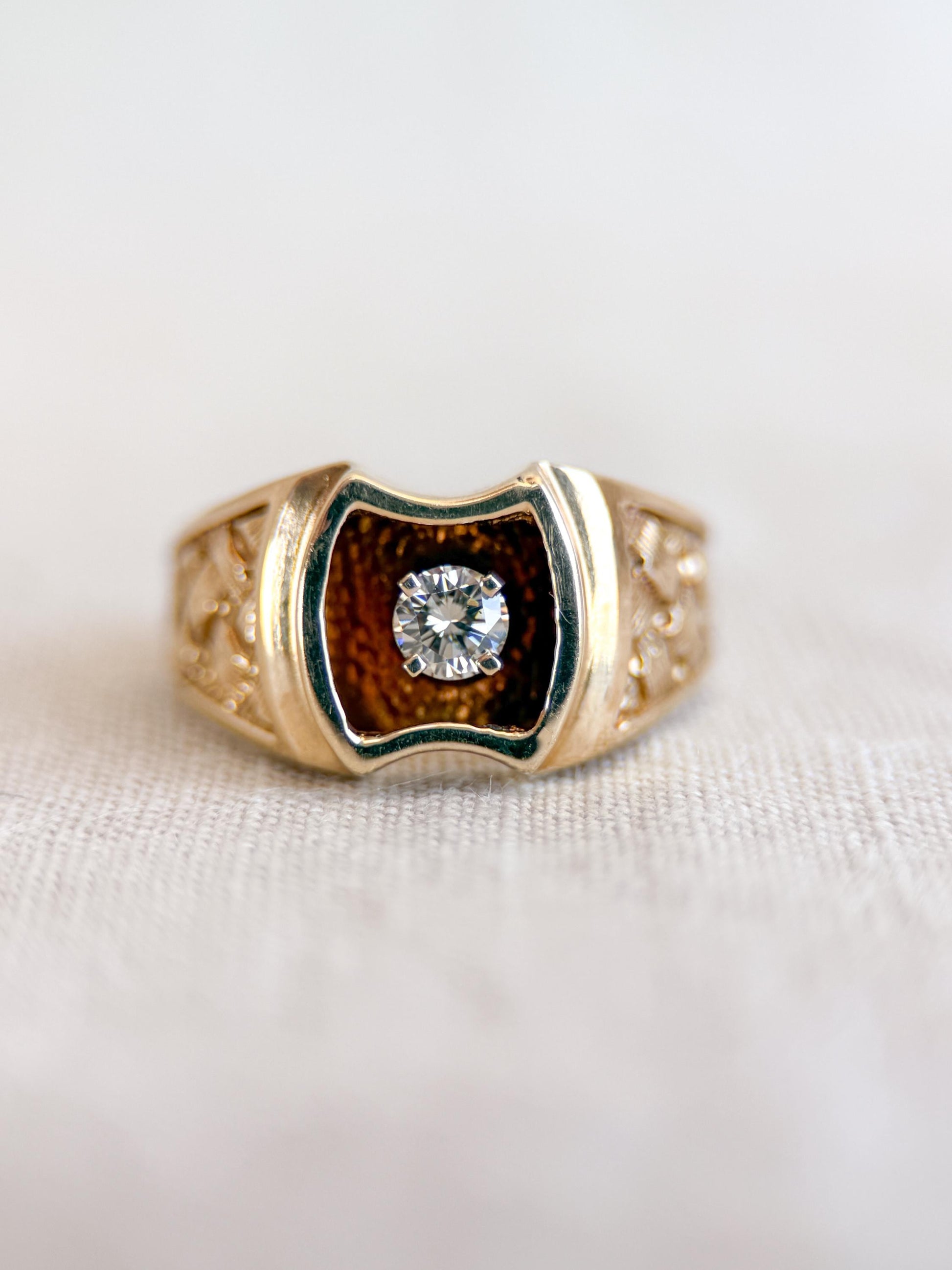 Vintage Diamond Wedding Band, 14k Gold, Mens Signet Woven Statement Ring, Anniversary Band
