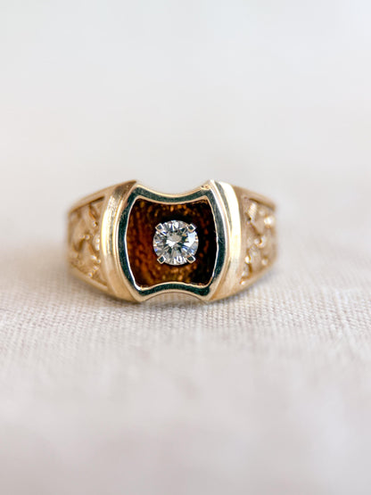 Vintage Diamond Wedding Band, 14k Gold, Mens Signet Woven Statement Ring, Anniversary Band