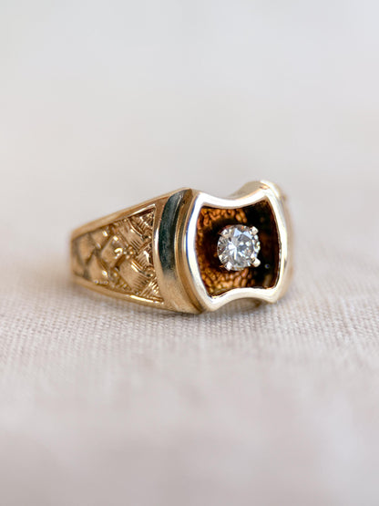 Vintage Diamond Wedding Band, 14k Gold, Mens Signet Woven Statement Ring, Anniversary Band