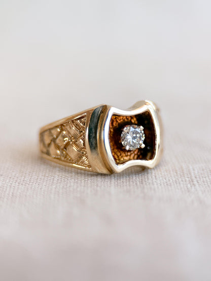 Vintage Diamond Wedding Band, 14k Gold, Mens Signet Woven Statement Ring, Anniversary Band