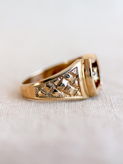Vintage Diamond Wedding Band, 14k Gold, Mens Signet Woven Statement Ring, Anniversary Band
