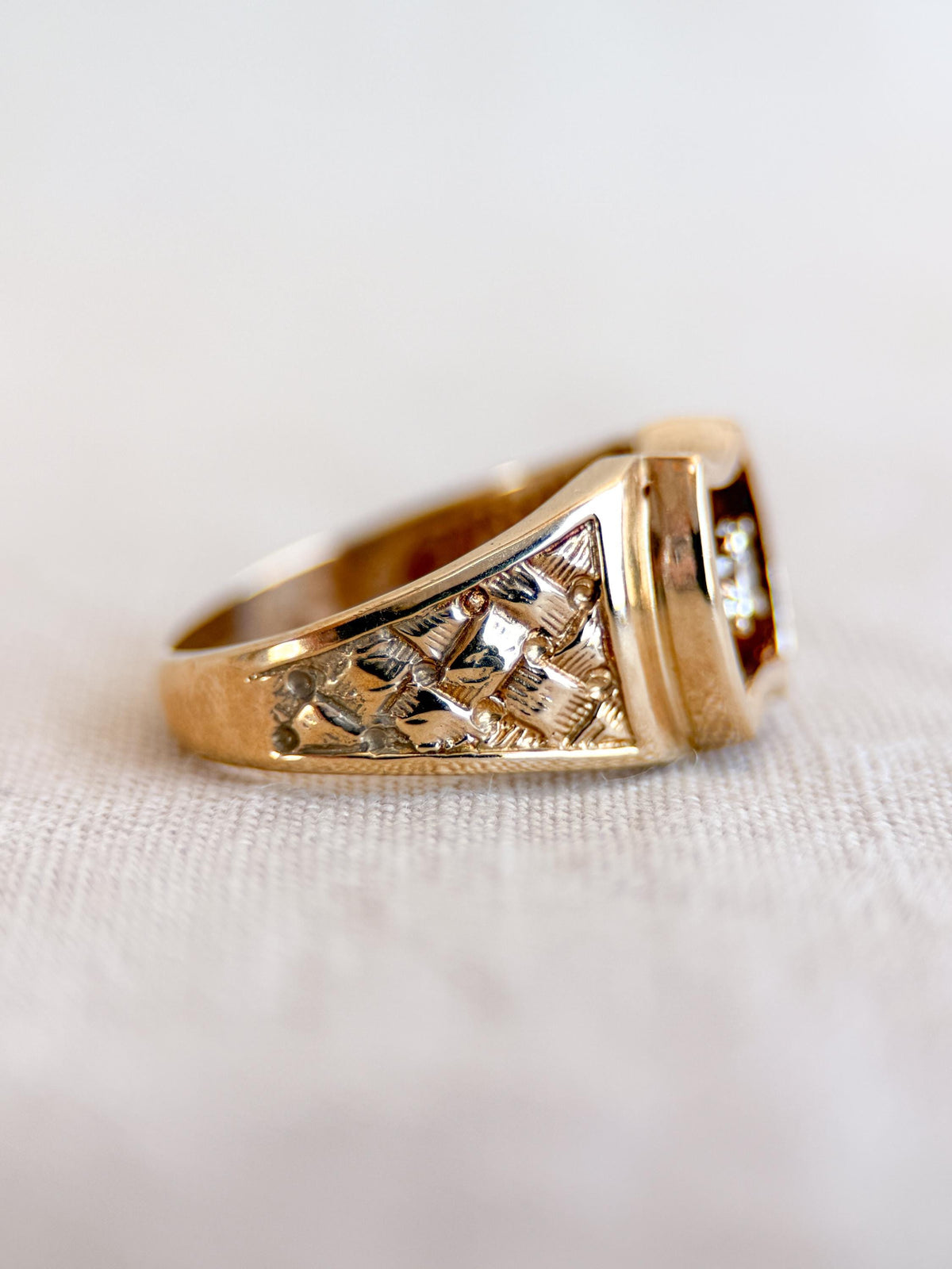 Vintage Diamond Wedding Band, 14k Gold, Mens Signet Woven Statement Ring, Anniversary Band