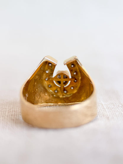 Vintage Diamond Wedding Band, 14k Gold, Mens Signet Horseshoe Statement Ring, Anniversary Band