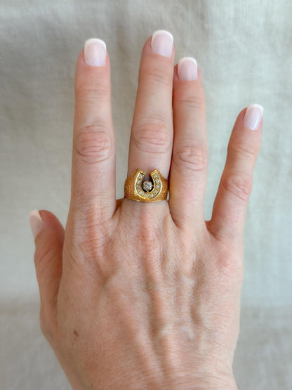 Vintage Diamond Wedding Band, 14k Gold, Mens Signet Horseshoe Statement Ring, Anniversary Band