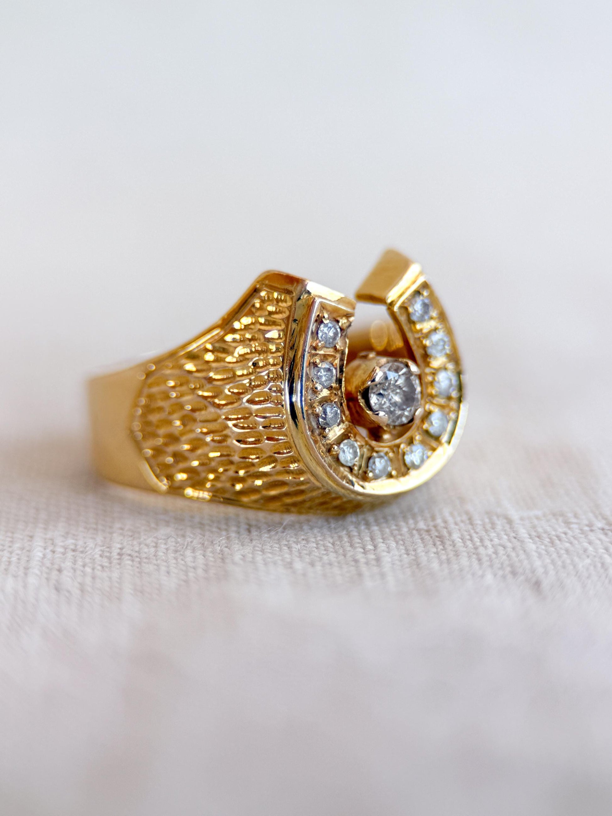 Vintage Diamond Wedding Band, 14k Gold, Mens Signet Horseshoe Statement Ring, Anniversary Band