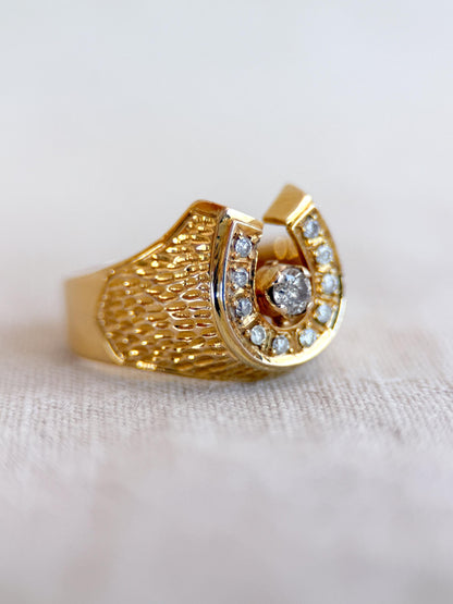 Vintage Diamond Wedding Band, 14k Gold, Mens Signet Horseshoe Statement Ring, Anniversary Band