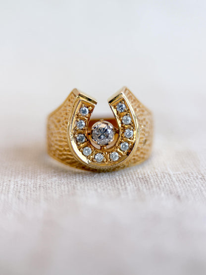Vintage Diamond Wedding Band, 14k Gold, Mens Signet Horseshoe Statement Ring, Anniversary Band