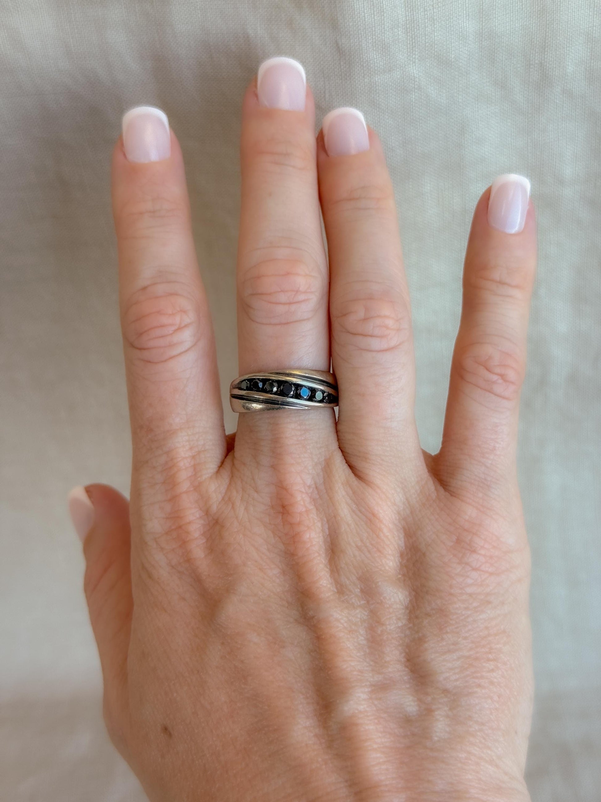 Vintage Black Diamond Wedding Band, 10k White Gold, Mens Channel Statement Ring, Anniversary Band