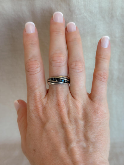 Vintage Black Diamond Wedding Band, 10k White Gold, Mens Channel Statement Ring, Anniversary Band