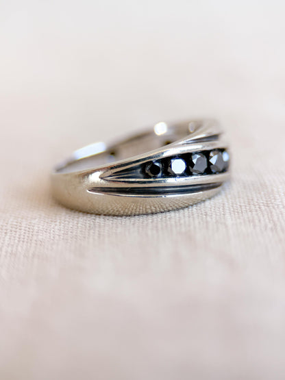 Vintage Black Diamond Wedding Band, 10k White Gold, Mens Channel Statement Ring, Anniversary Band