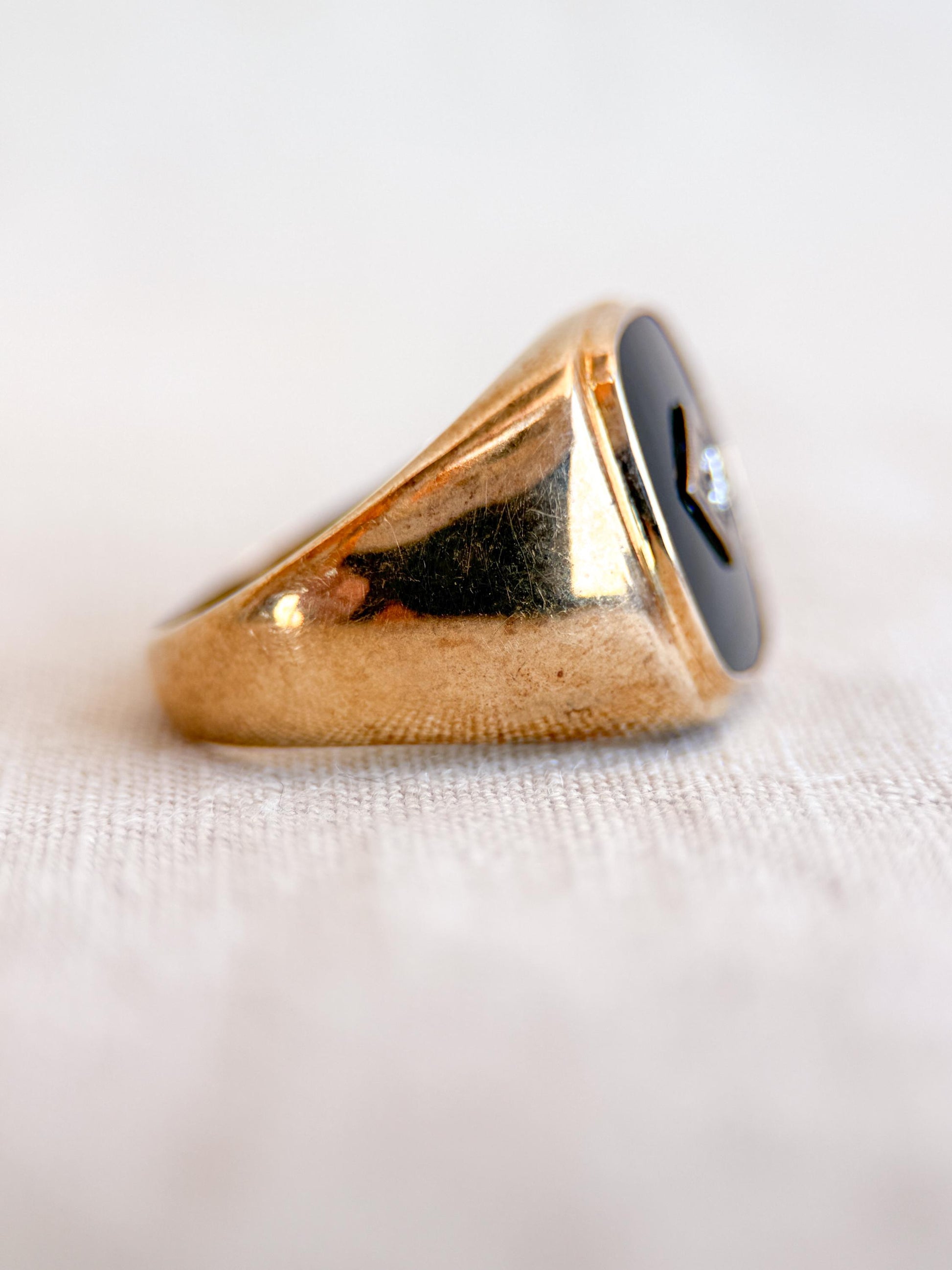 Vintage Diamond and Onyx Wedding Band, 14k Gold, Mens Signet Statement Ring, Anniversary Band