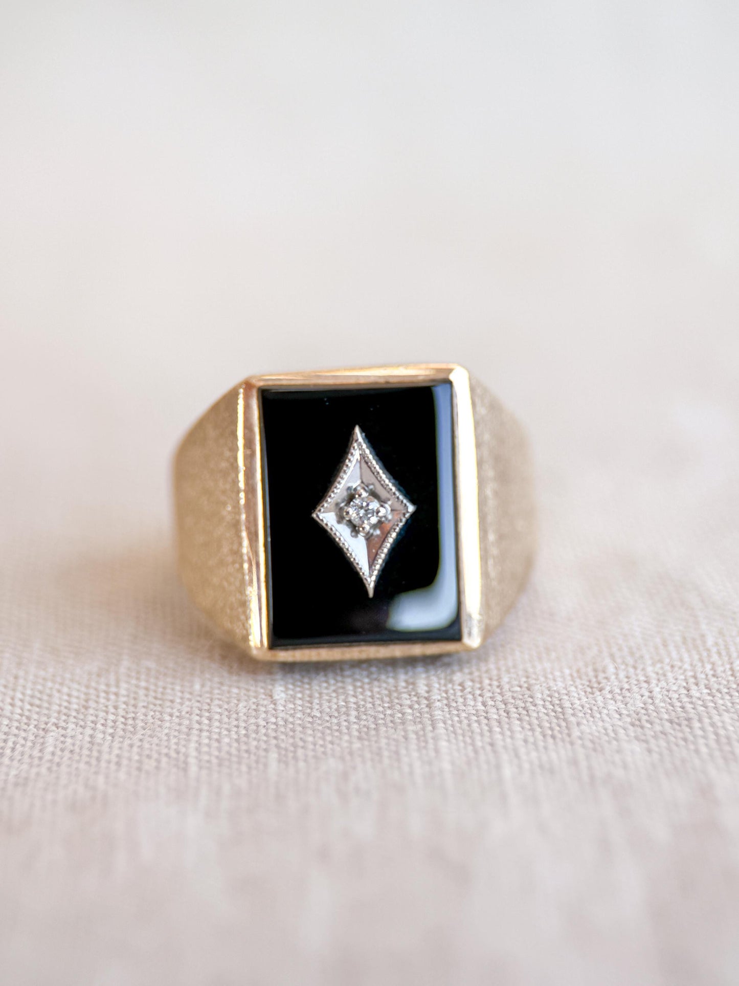 Vintage Diamond and Onyx Wedding Band, 10k Gold, Mens Signet Statement Ring, Anniversary Band