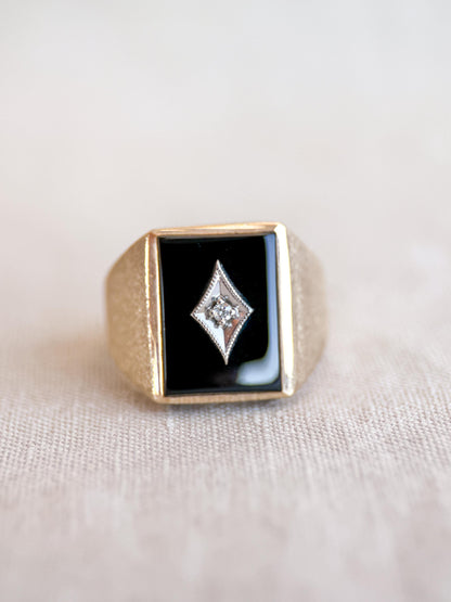 Vintage Diamond and Onyx Wedding Band, 10k Gold, Mens Signet Statement Ring, Anniversary Band