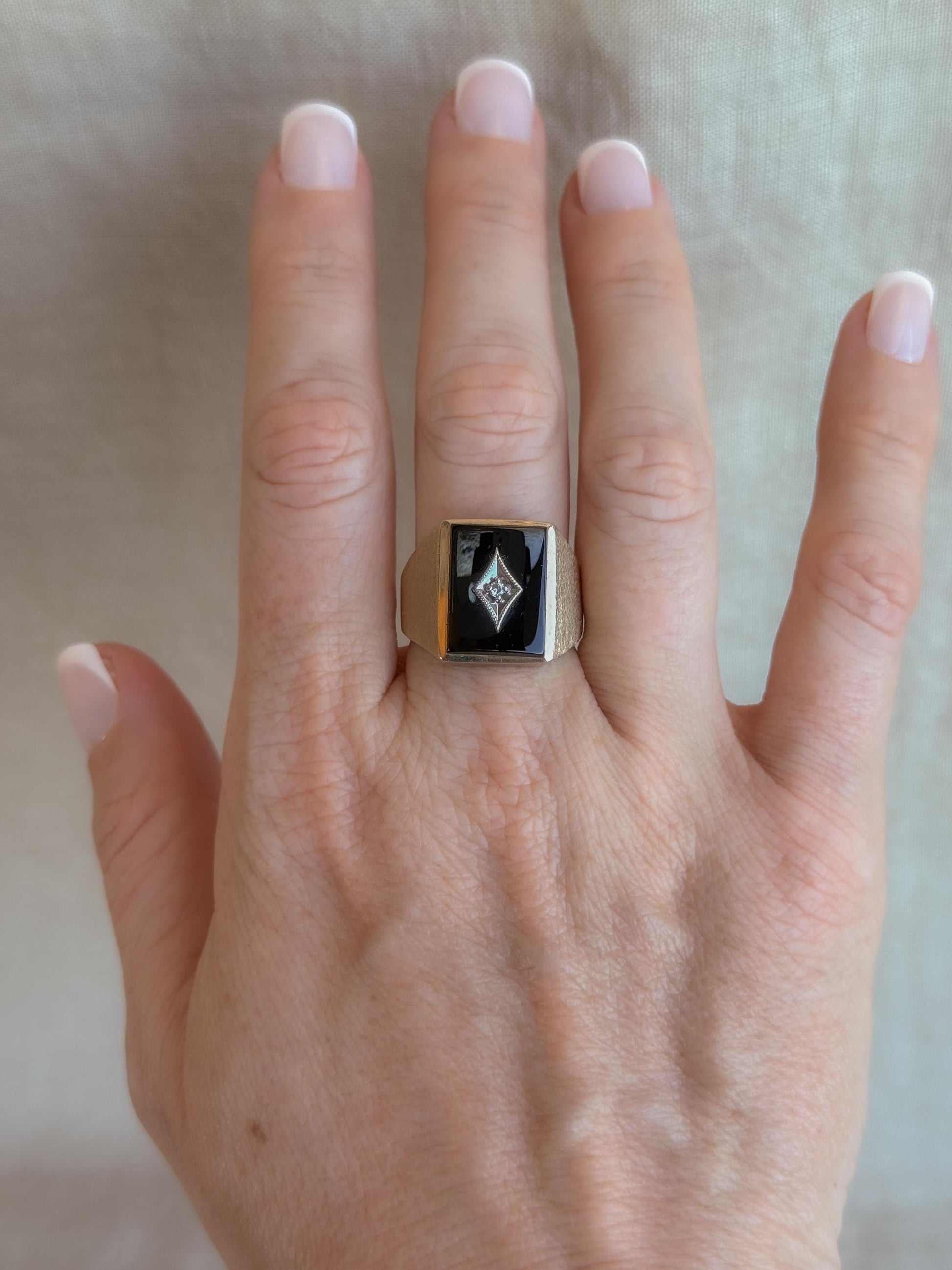 Vintage Diamond and Onyx Wedding Band, 10k Gold, Mens Signet Statement Ring, Anniversary Band