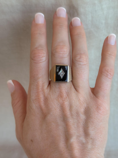 Vintage Diamond and Onyx Wedding Band, 10k Gold, Mens Signet Statement Ring, Anniversary Band