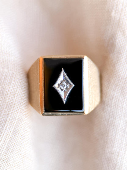 Vintage Diamond and Onyx Wedding Band, 10k Gold, Mens Signet Statement Ring, Anniversary Band