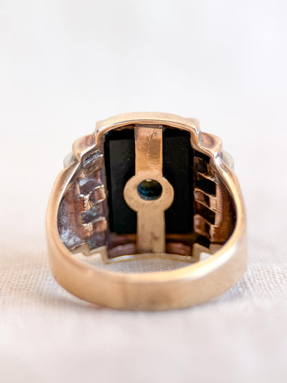 Vintage Diamond and Onyx Wedding Band, 10k Gold, Mens Signet Statement Ring, Anniversary Band