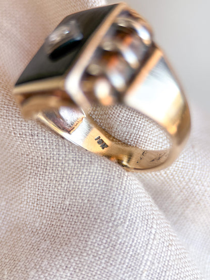 Vintage Diamond and Onyx Wedding Band, 10k Gold, Mens Signet Statement Ring, Anniversary Band