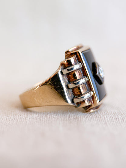 Vintage Diamond and Onyx Wedding Band, 10k Gold, Mens Signet Statement Ring, Anniversary Band