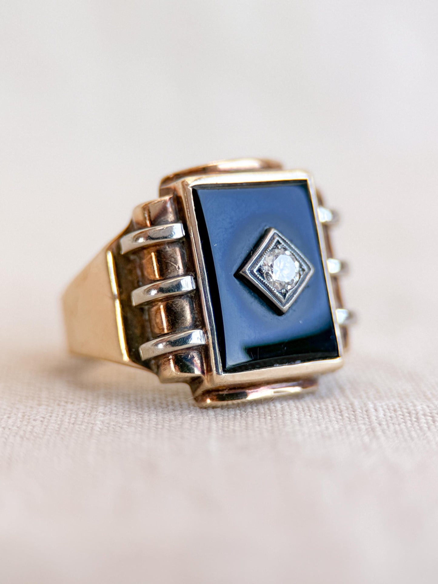 Vintage Diamond and Onyx Wedding Band, 10k Gold, Mens Signet Statement Ring, Anniversary Band