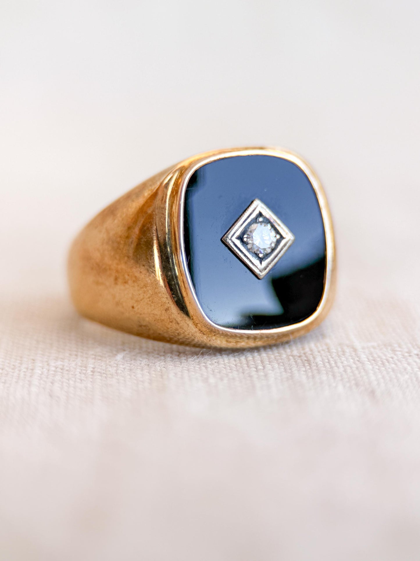 Vintage Diamond and Onyx Wedding Band, 14k Gold, Mens Signet Statement Ring, Anniversary Band