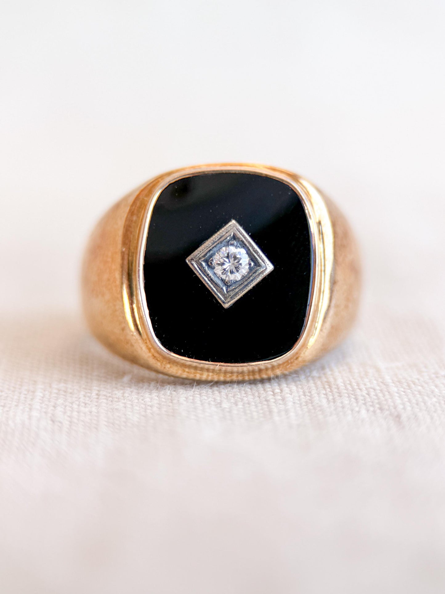 Vintage Diamond and Onyx Wedding Band, 14k Gold, Mens Signet Statement Ring, Anniversary Band