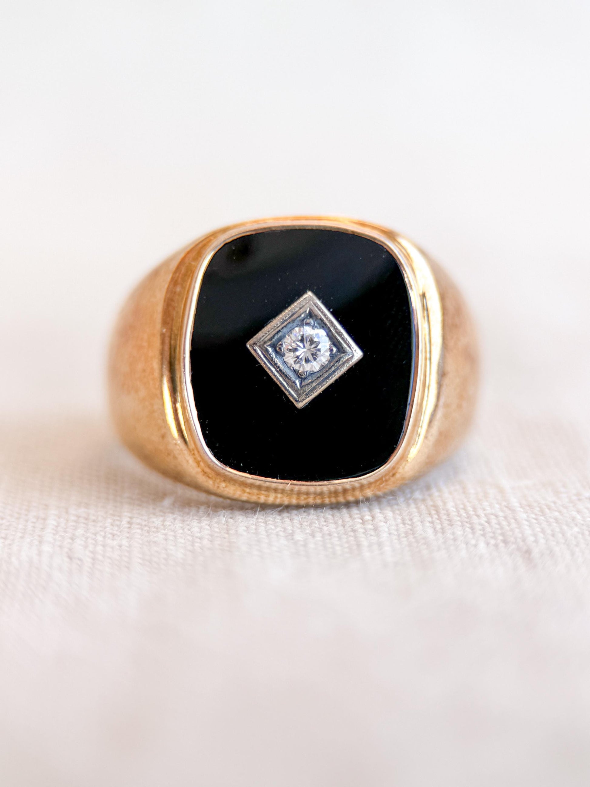 Vintage Diamond and Onyx Wedding Band, 14k Gold, Mens Signet Statement Ring, Anniversary Band