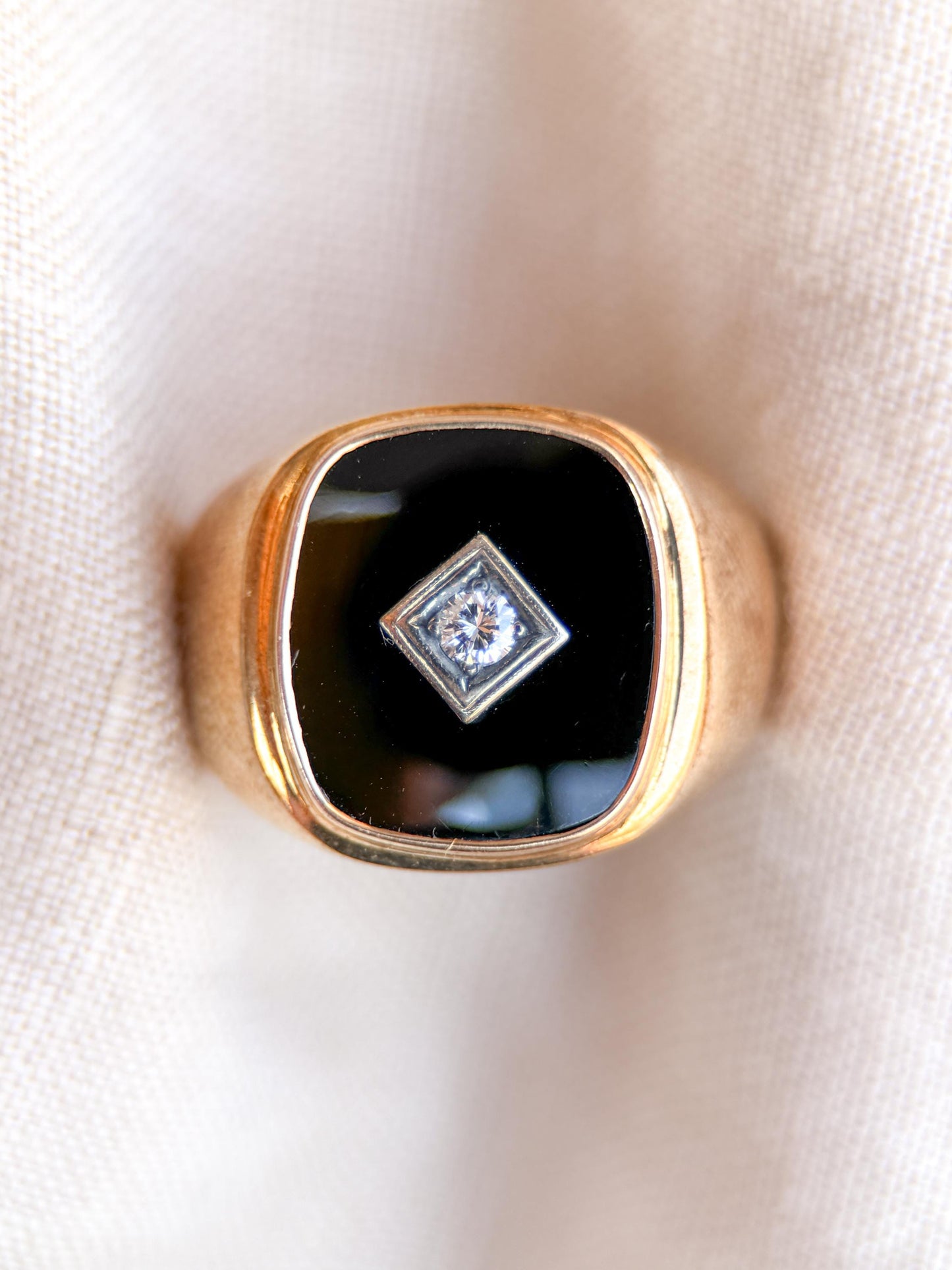 Vintage Diamond and Onyx Wedding Band, 14k Gold, Mens Signet Statement Ring, Anniversary Band