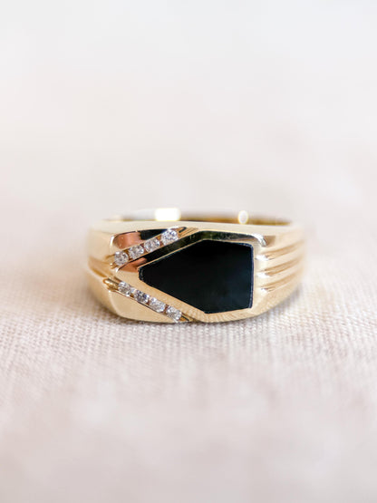Vintage Diamond and Onyx Wedding Band, 14k Gold, Mens Signet Statement Ring, Anniversary Band