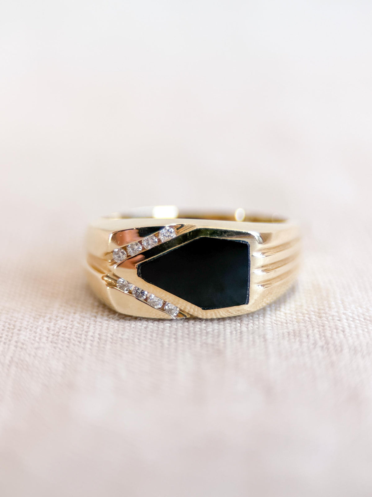 Vintage Diamond and Onyx Wedding Band, 14k Gold, Mens Signet Statement Ring, Anniversary Band