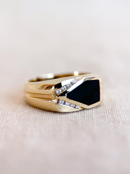 Vintage Diamond and Onyx Wedding Band, 14k Gold, Mens Signet Statement Ring, Anniversary Band