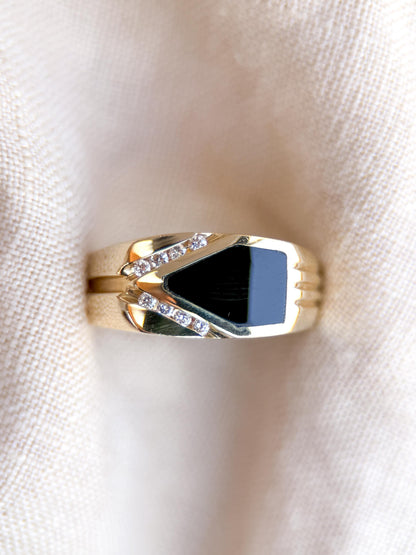 Vintage Diamond and Onyx Wedding Band, 14k Gold, Mens Signet Statement Ring, Anniversary Band