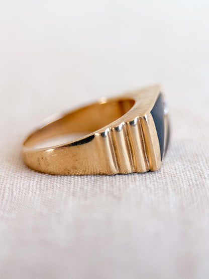 Vintage Diamond and Onyx Wedding Band, 14k Gold, Mens Signet Statement Ring, Anniversary Band