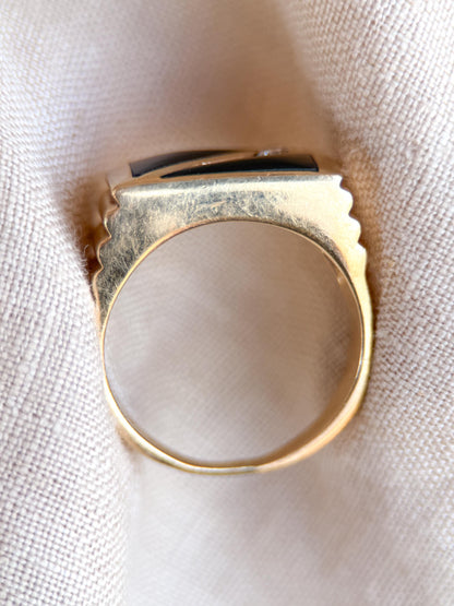 Vintage Diamond and Onyx Wedding Band, 14k Gold, Mens Signet Statement Ring, Anniversary Band