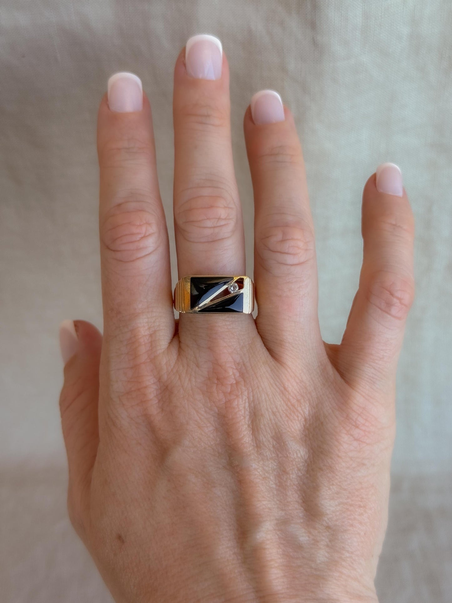 Vintage Diamond and Onyx Wedding Band, 14k Gold, Mens Signet Statement Ring, Anniversary Band
