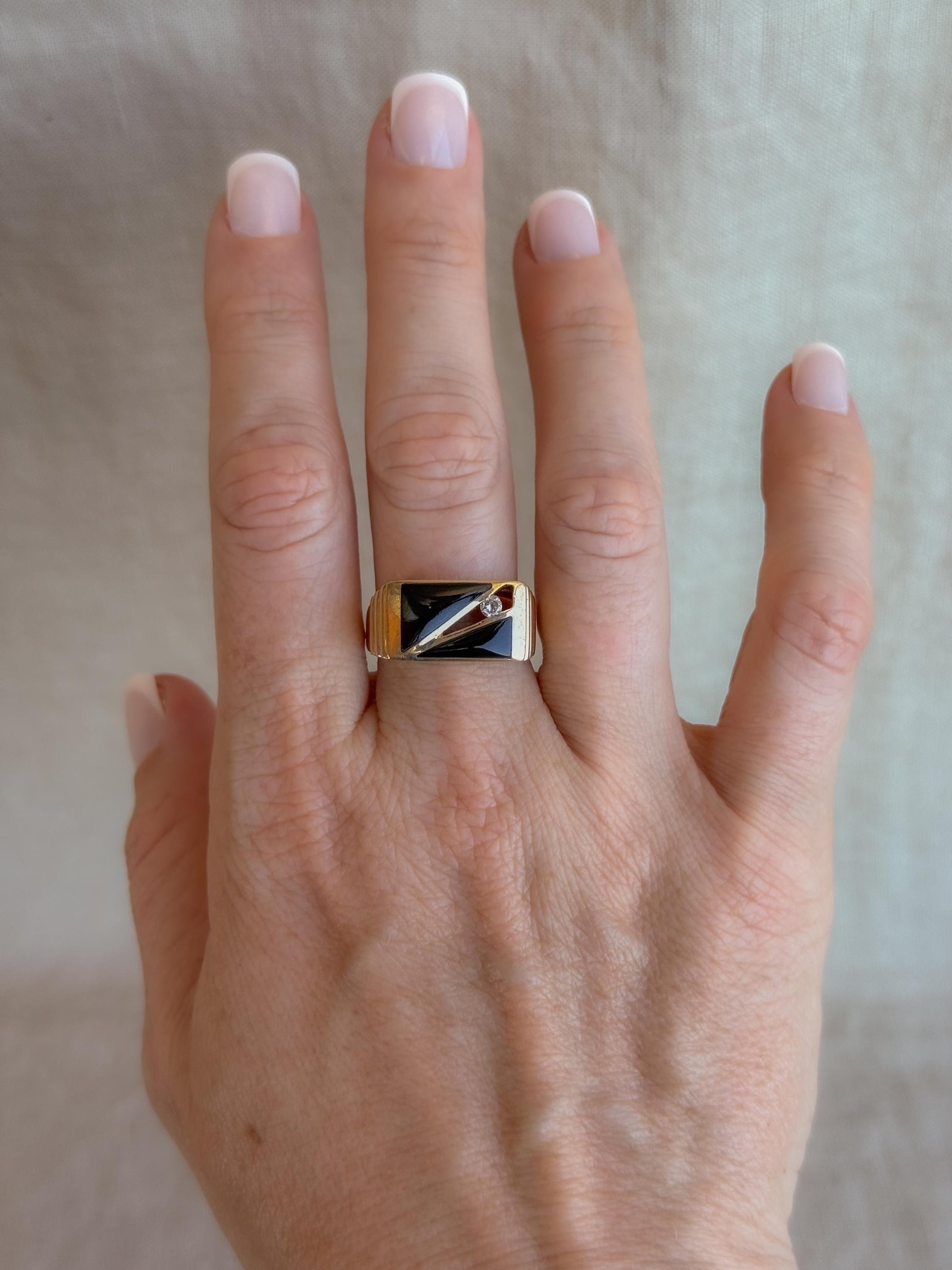 Vintage Diamond and Onyx Wedding Band, 14k Gold, Mens Signet Statement Ring, Anniversary Band
