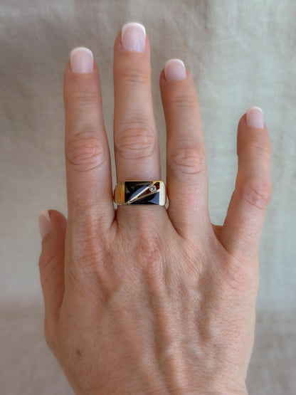 Vintage Diamond and Onyx Wedding Band, 14k Gold, Mens Signet Statement Ring, Anniversary Band