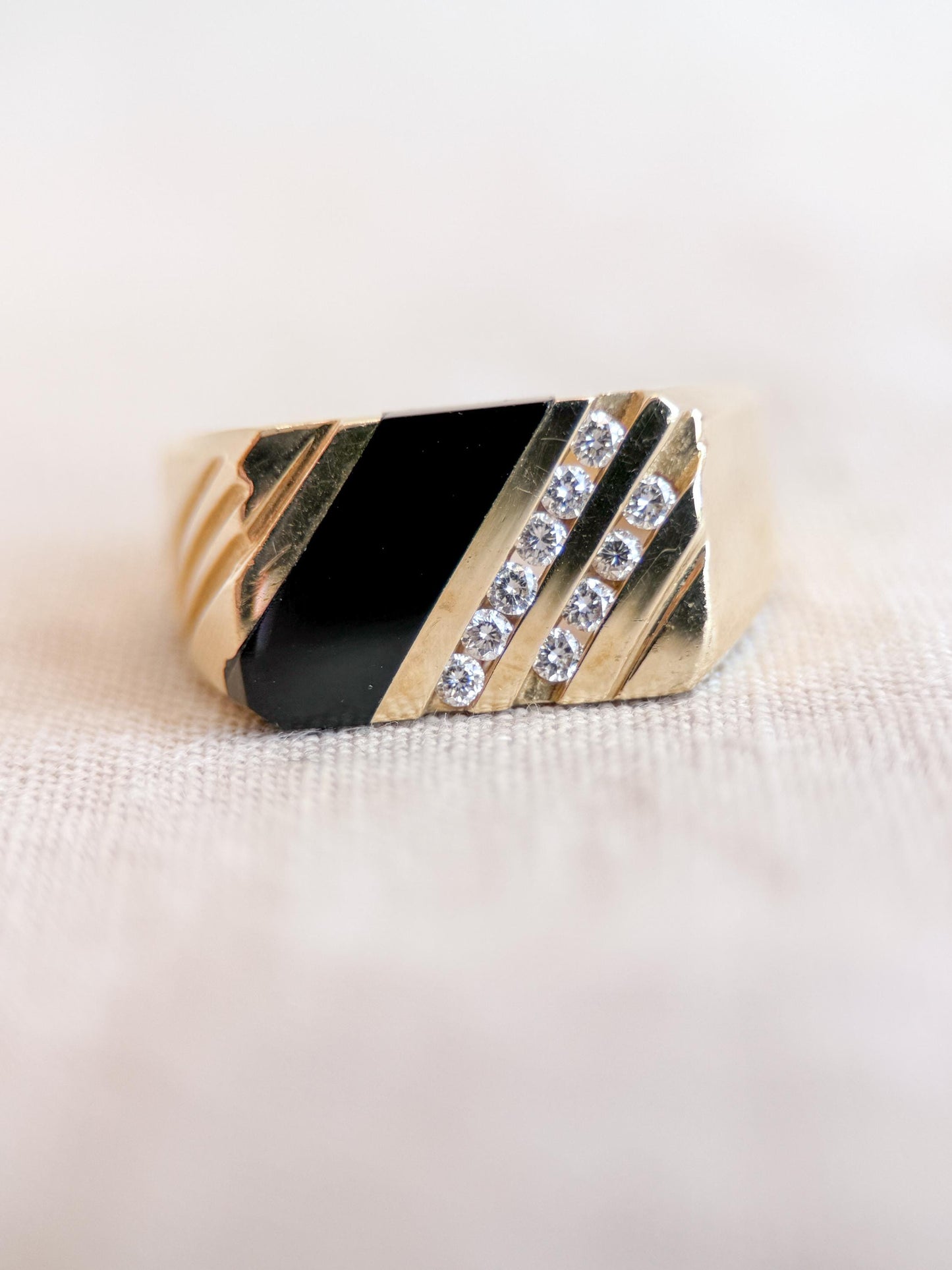 Vintage Diamond and Onyx Wedding Band, 14k Gold, Mens Signet Statement Ring, Anniversary Band