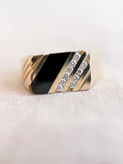 Vintage Diamond and Onyx Wedding Band, 14k Gold, Mens Signet Statement Ring, Anniversary Band