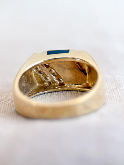 Vintage Diamond and Onyx Wedding Band, 14k Gold, Mens Signet Statement Ring, Anniversary Band